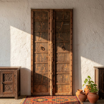 A pair of tall, rustic double wooden doors with a weathered brown and bronze finish, featuring circular metal hardware and rivets, set against a textured gray wall and tiled floor.