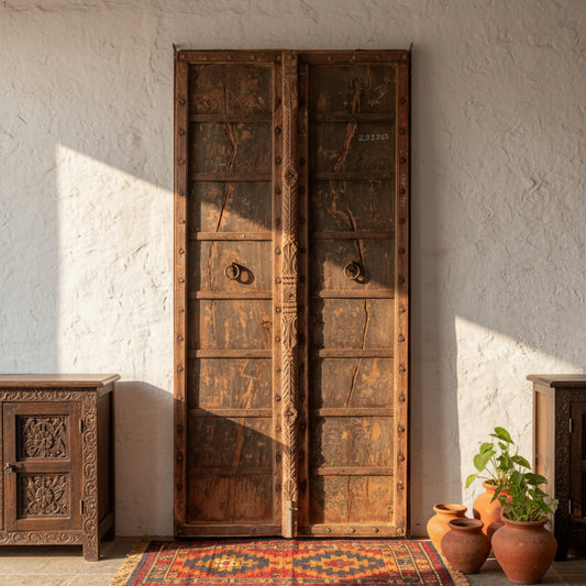 A pair of tall, rustic double wooden doors with a weathered brown and bronze finish, featuring circular metal hardware and rivets, set against a textured gray wall and tiled floor.