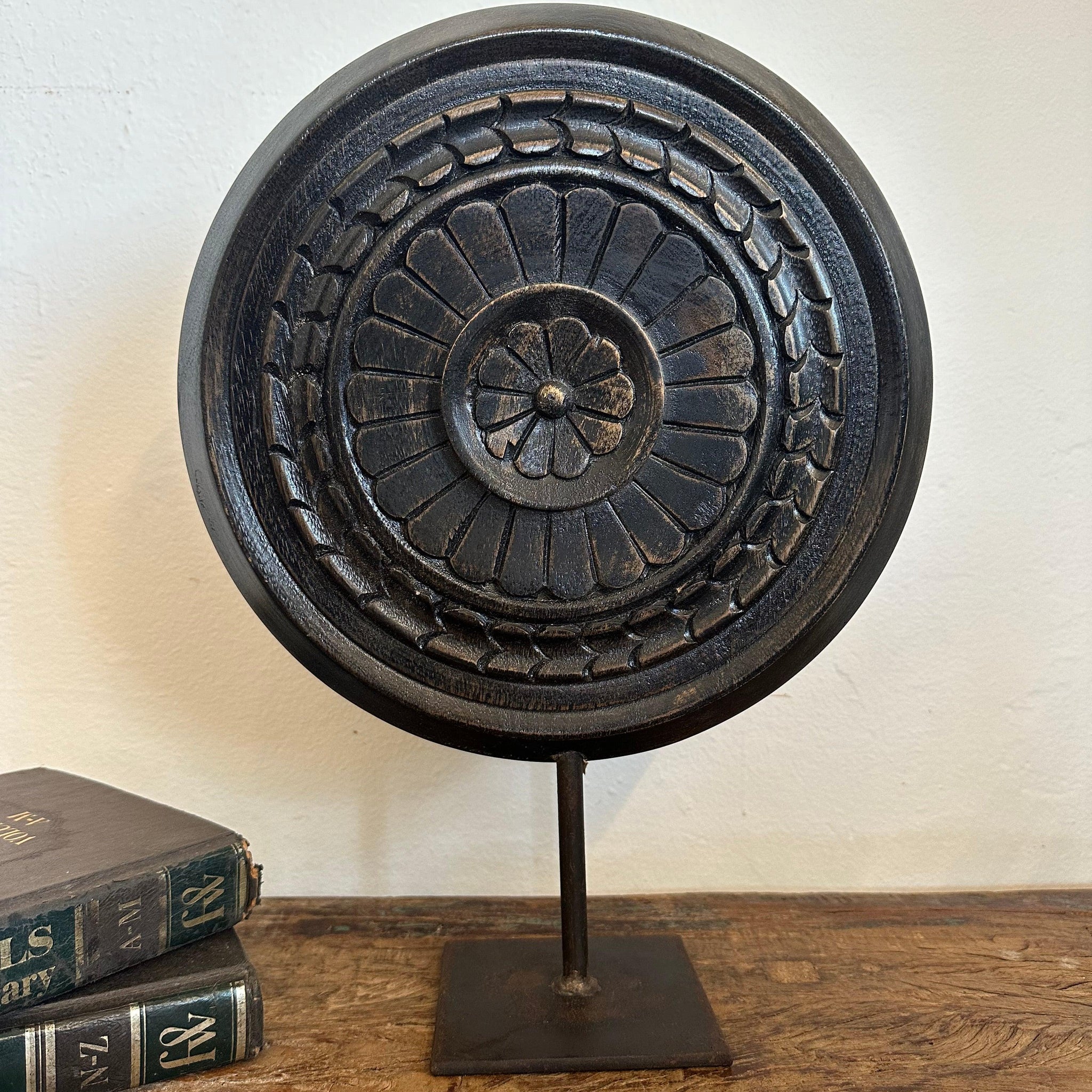 Wooden Carved Wheel on Iron Stand - TESU