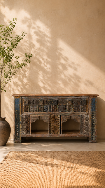 An ornate carved wooden console table with blue-painted legs, set against a warm beige plaster wall with dappled sunlight and shadows. A potted plant and a woven jute rug are visible in the foreground.