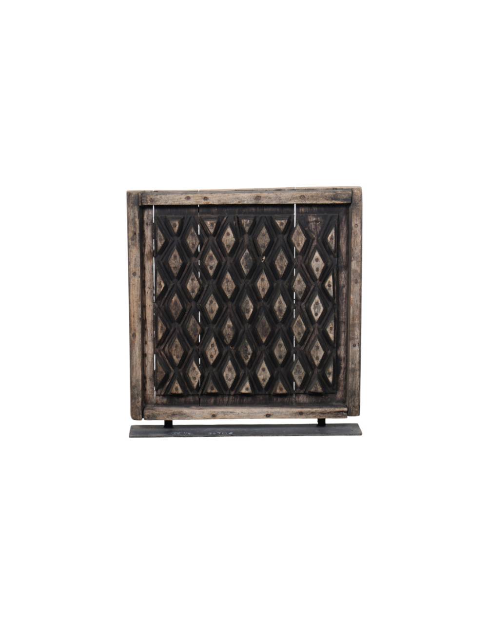 A rustic wooden cabinet with two doors featuring a dark diamond-patterned metal grille, set against a plain white background.