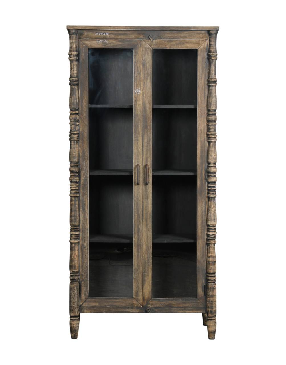A rustic dark brown wooden bookcase with two glass doors, four shelves, and turned spindle legs, shown against a plain white background.