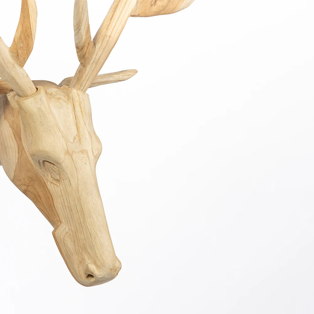 Wooden deer head mount on a white background