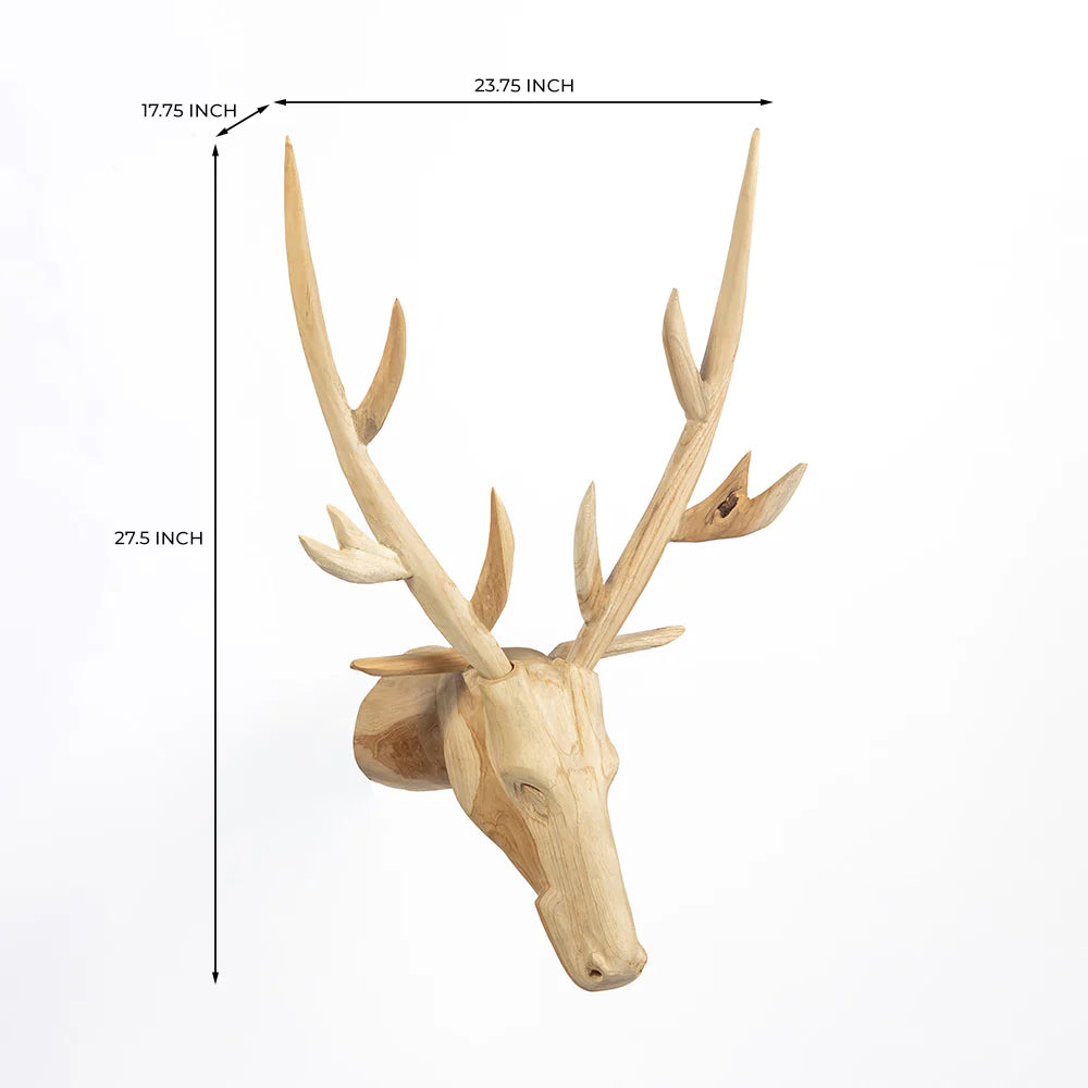 Wooden deer head wall decoration with measurements on a white background