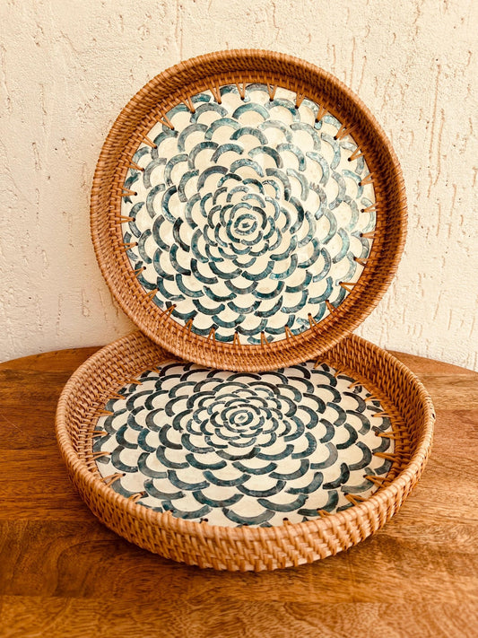 Abstract Designer Mother of Pearl Rattan Round Tray - TesuServing Tray