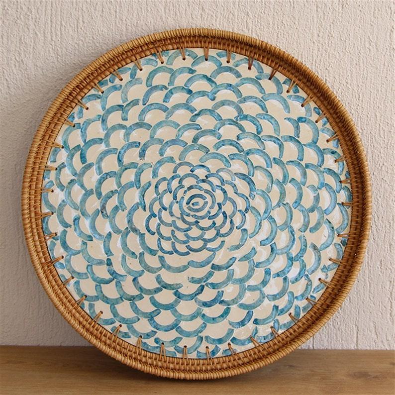 Abstract Designer Mother of Pearl Rattan Round Tray - TesuServing Tray