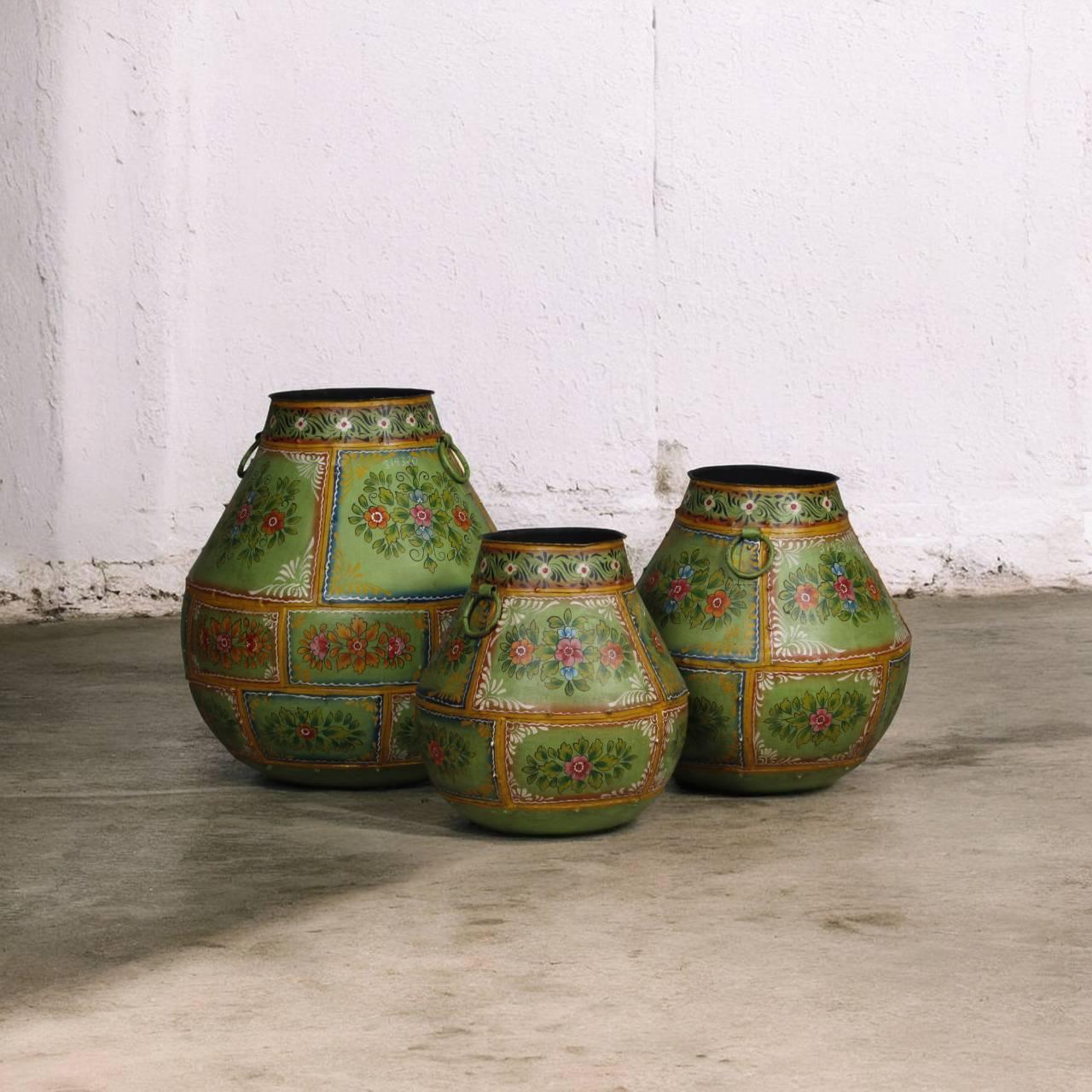 Antique Iron Green Hand Painted pot - Set of 3 - TesuHome & Kitchen