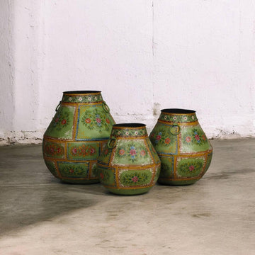 Antique Iron Green Hand Painted pot - Set of 3 - TesuHome & Kitchen