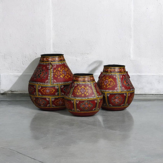 Antique Iron Red Hand Painted Pots Set of 3 - TesuHome & Kitchen