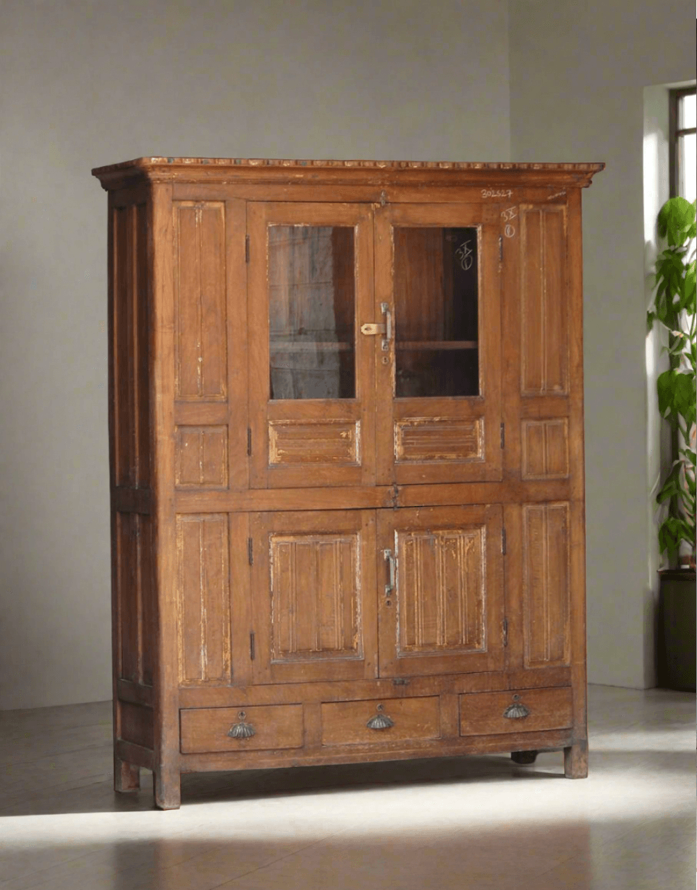 Wooden cabinet with glass doors in a room with a plant