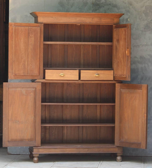 Open antique wooden almirah with mirror and bottom drawer on grey background – Tesu Furniture & Seating