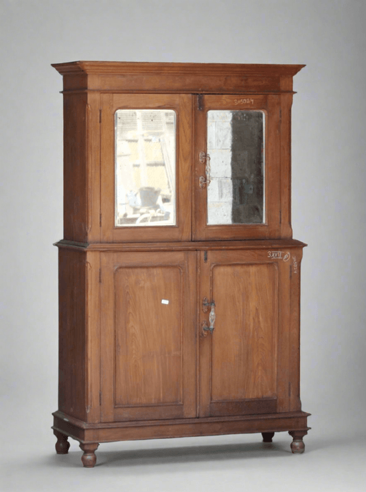 Antique wooden almirah with glass-panelled doors and drawer unit on grey background – Tesu Furniture & Seating