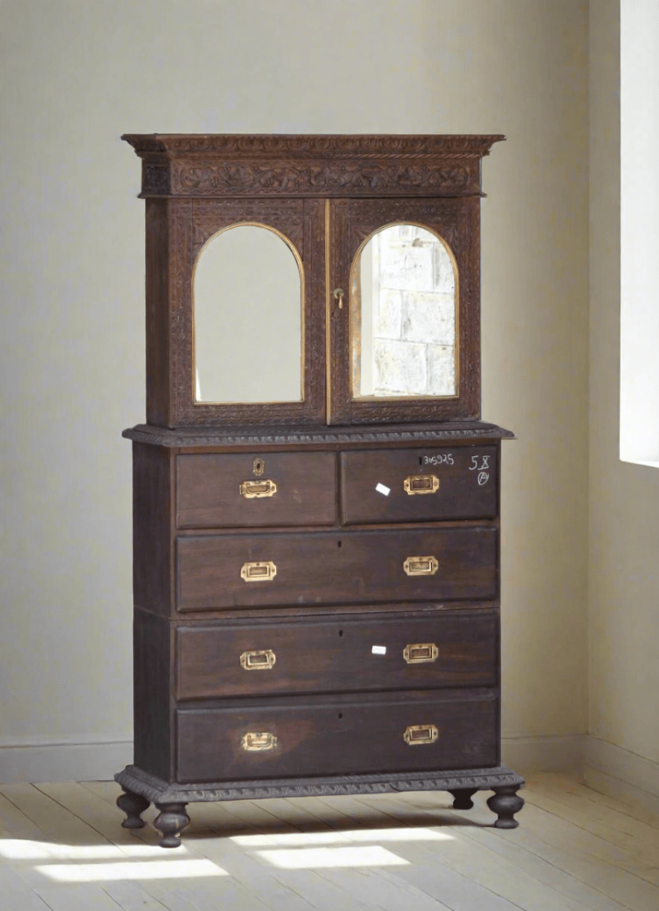Front view of antique wooden almirah with mirrored door on plain wall – Tesu Furniture & Seating