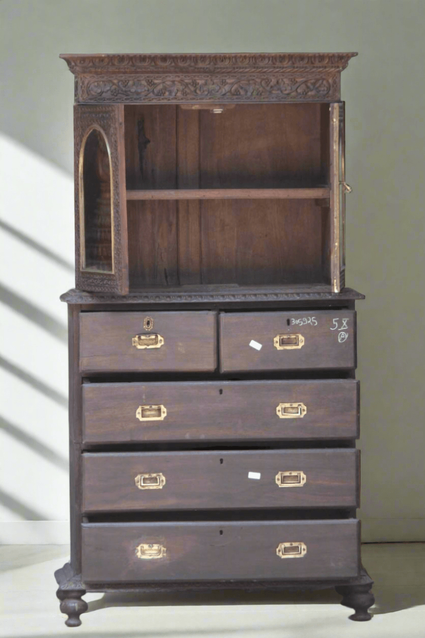 Open view of antique wooden almirah with mirror door showing interior storage – Tesu Furniture & Seating