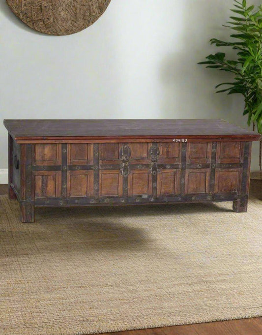 Antique wooden coffee table with iron accents in natural brown teak wood, 58 inches wide storage chest