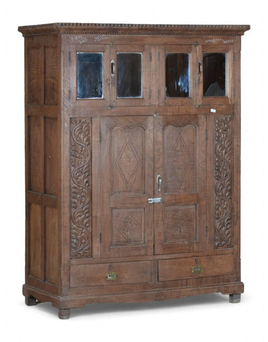 Full front view of giant antique wooden almirah with intricate carvings – Tesu Furniture & Seating