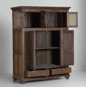 Antique wooden giant almirah with open carved doors on white background – Tesu Furniture & Seating