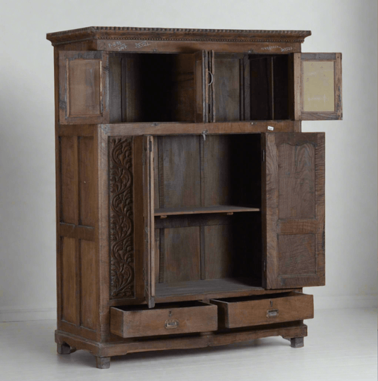 Antique wooden giant almirah with open carved doors on white background – Tesu Furniture & Seating