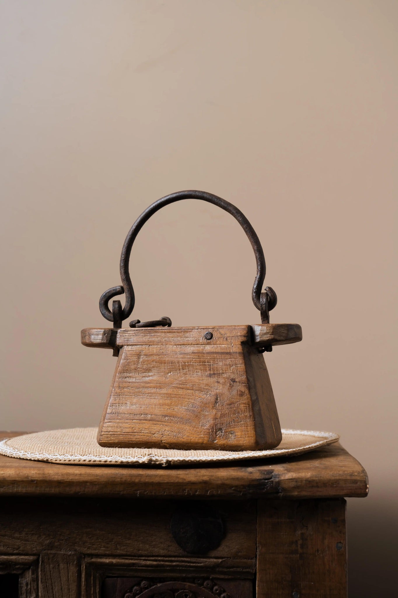 Antique Wooden Table Decor with Iron Handle - TesuAntique Decor