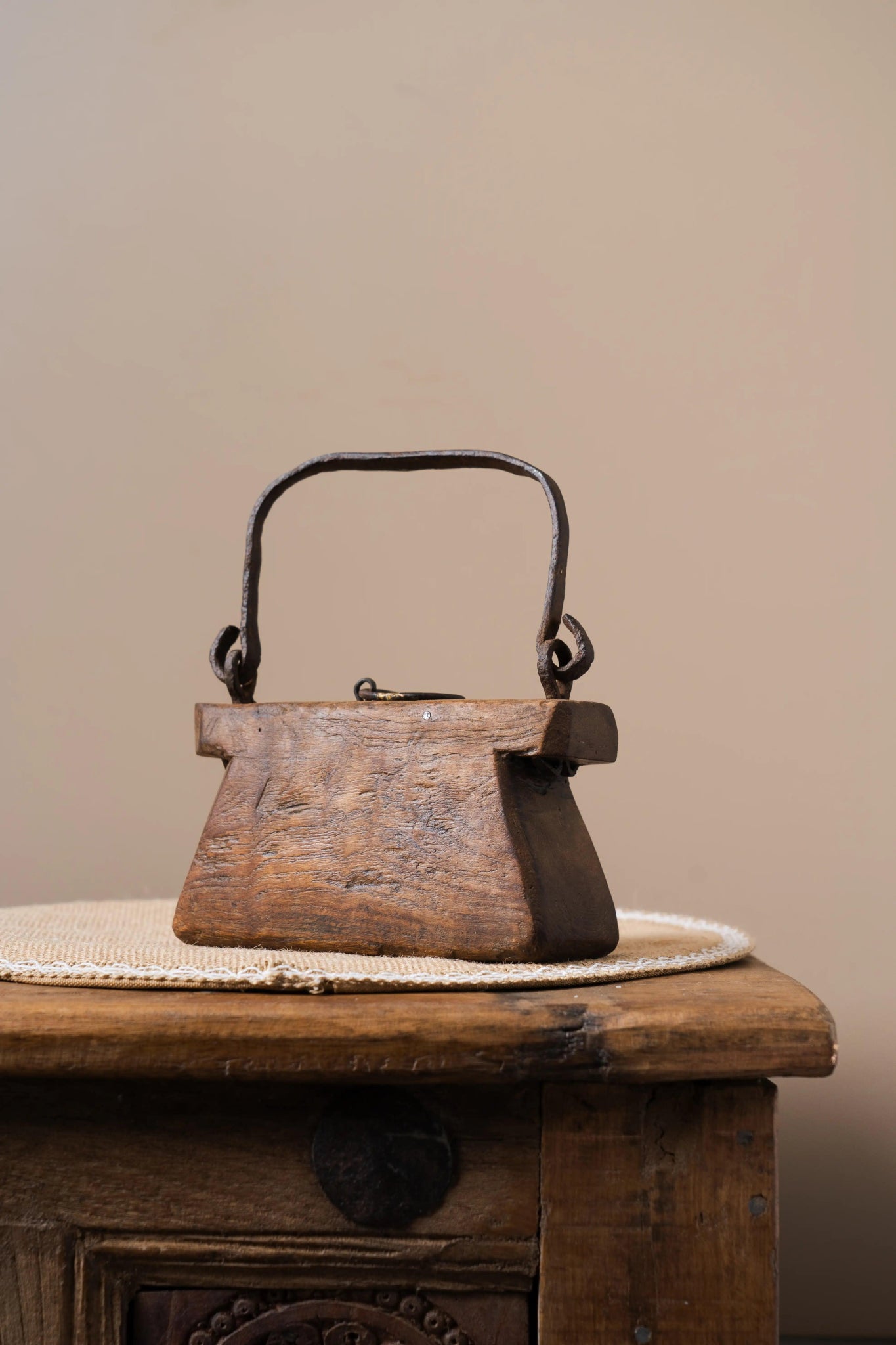 Antique Wooden Table Decor with Iron Handle - TesuAntique Decor