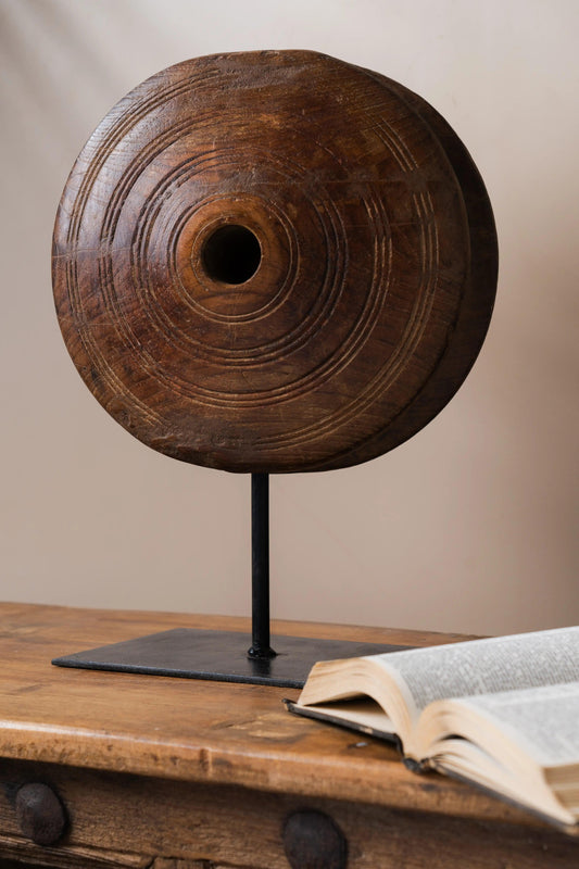 Antique Wooden Wheel with Iron Stand - TesuAntique Decor