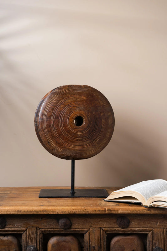 Antique Wooden Wheel with Iron Stand - TesuAntique Decor