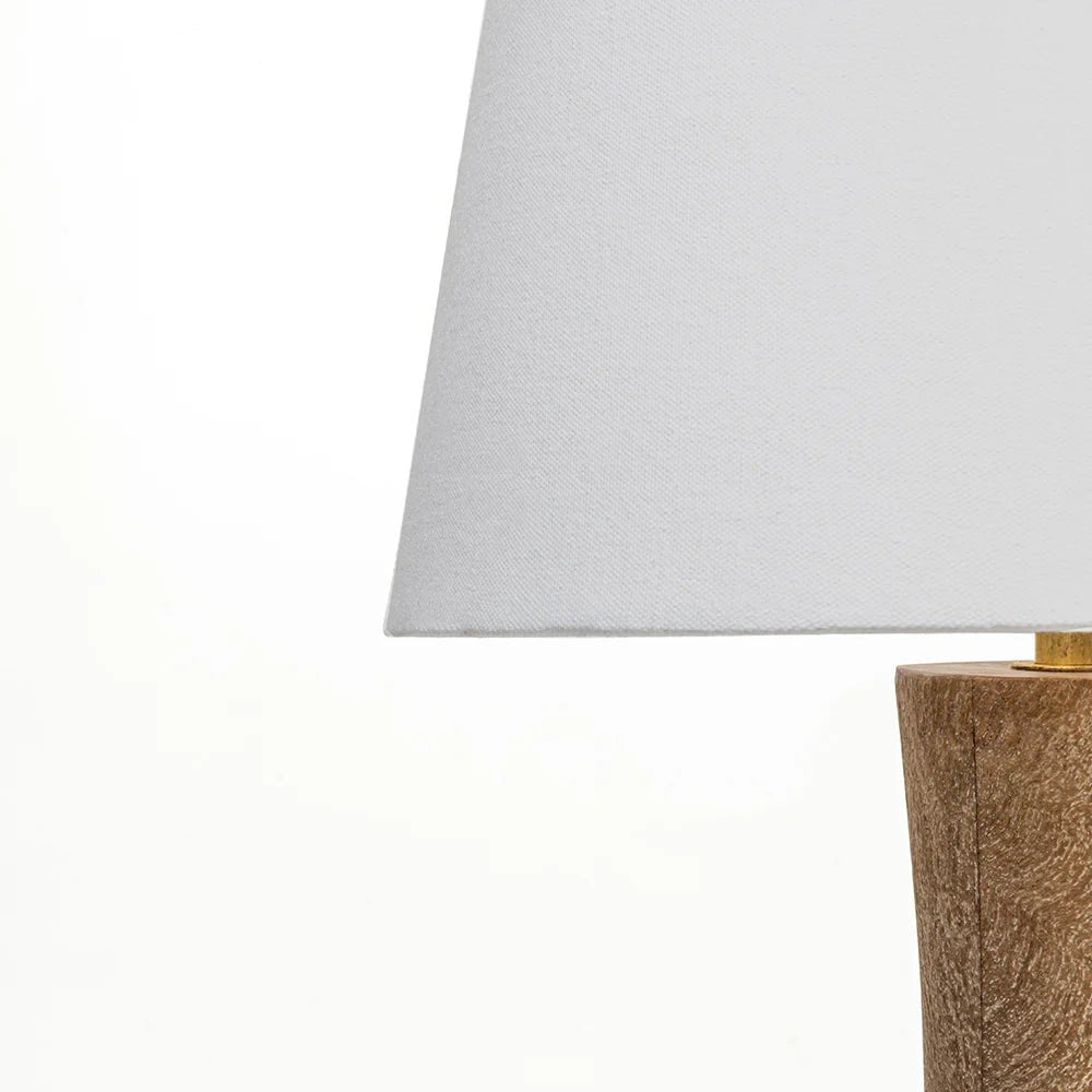 Close-up of a lamp with a white shade and wooden base on a white background
