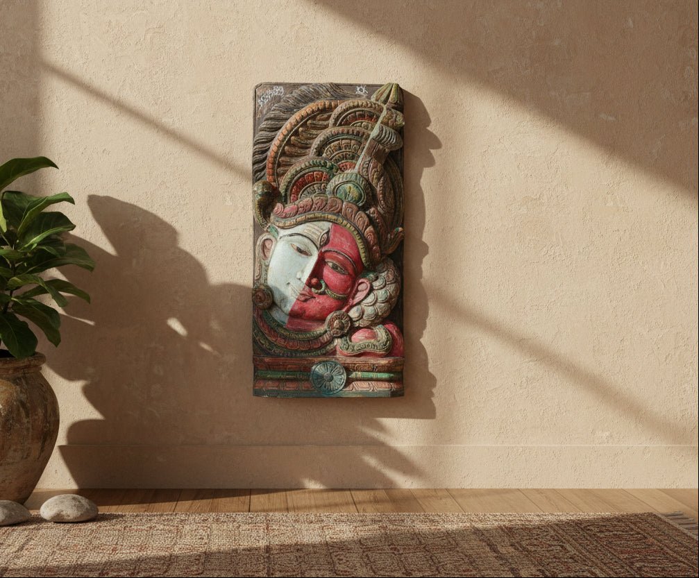 Decorative wall piece with a face design and intricate patterns on a white background