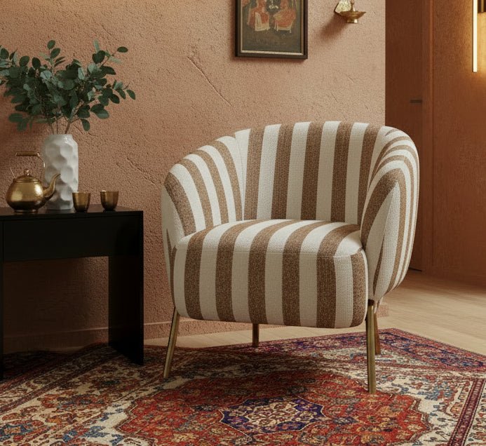 Elevate your interiors with the Averra Striped Chair, a perfect blend of contemporary form and cozy elegance. 