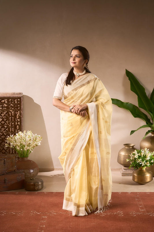 Woman in a yellow saree standing in a decorated room with plants and decorative items.