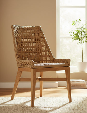 Wicker chair with cushioned seat in a bright room with a plant and books on a shelf.