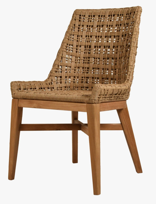 Woven chair with wooden frame on a white background
