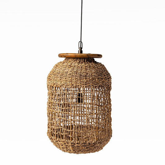 Woven pendant light with wooden top on a white background
