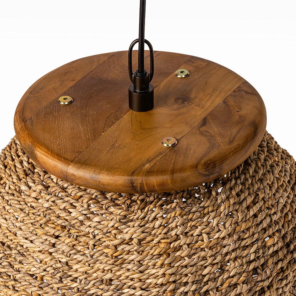 Wooden pendant light fixture on a woven base with a white background