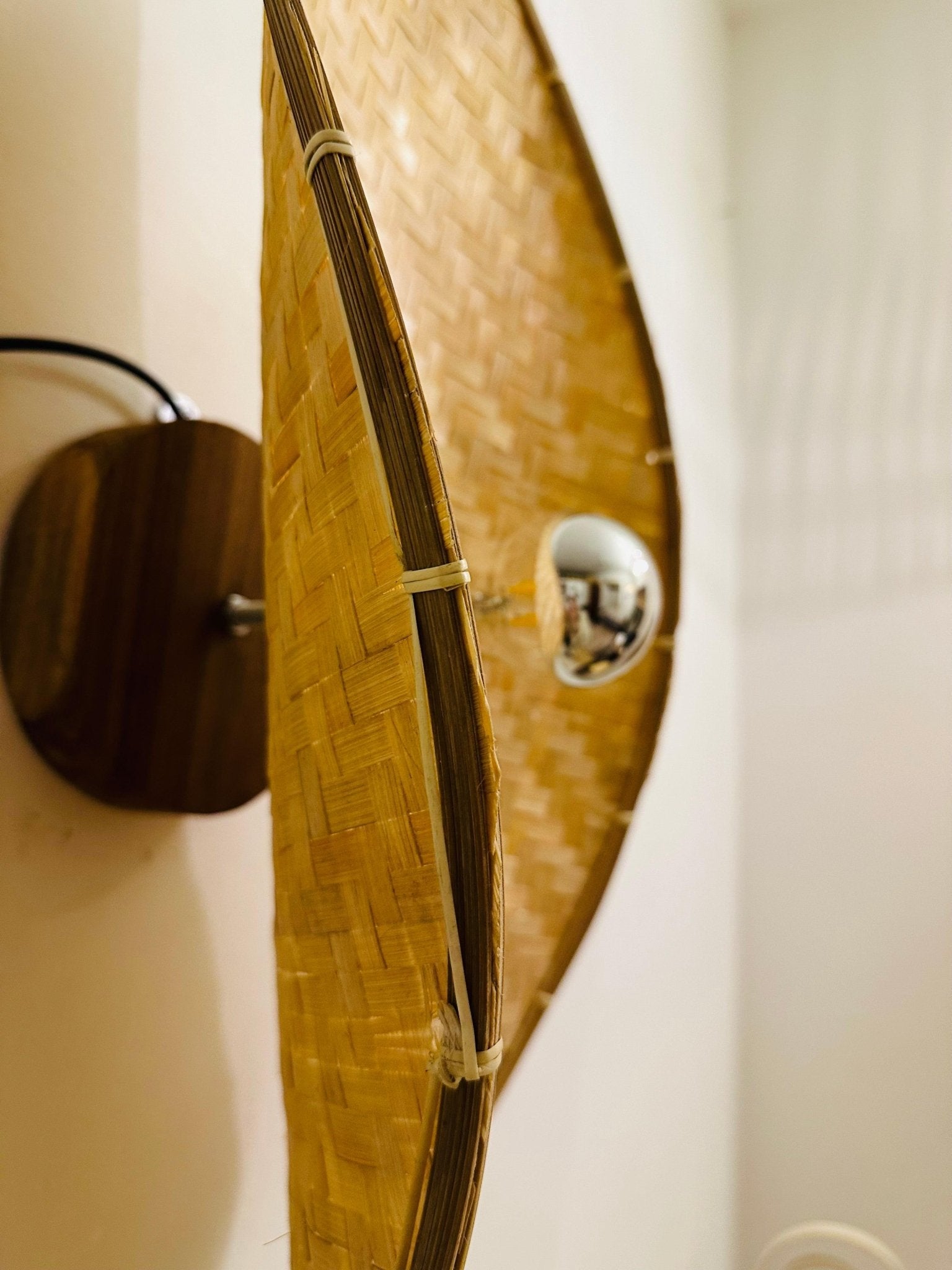 Side profile of bamboo curve wall light showing curved bamboo arm and shade – Tesu Lamps & Lighting