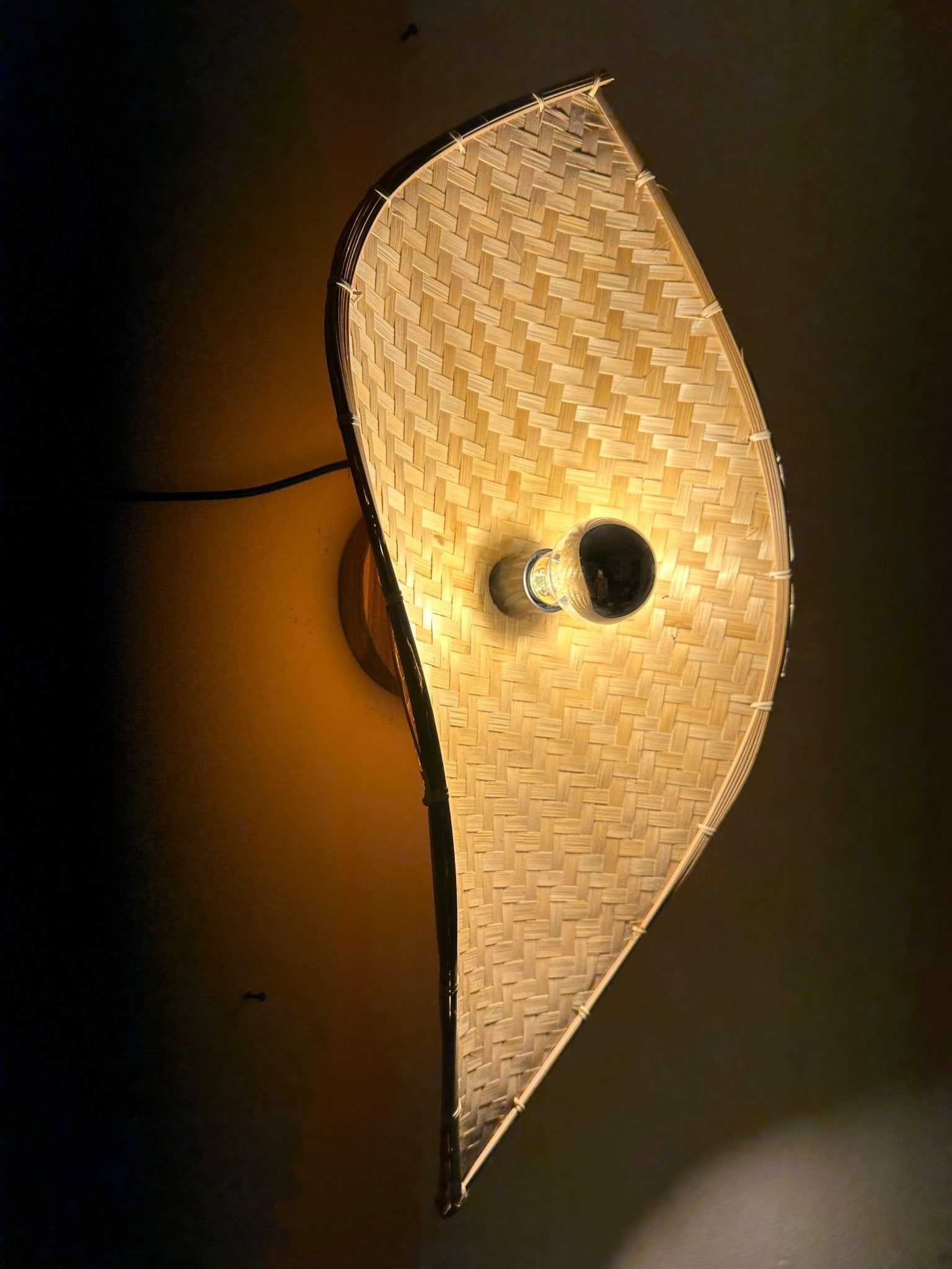 Full view of bamboo curve wall light mounted on white wall – Tesu Lamps & Lighting