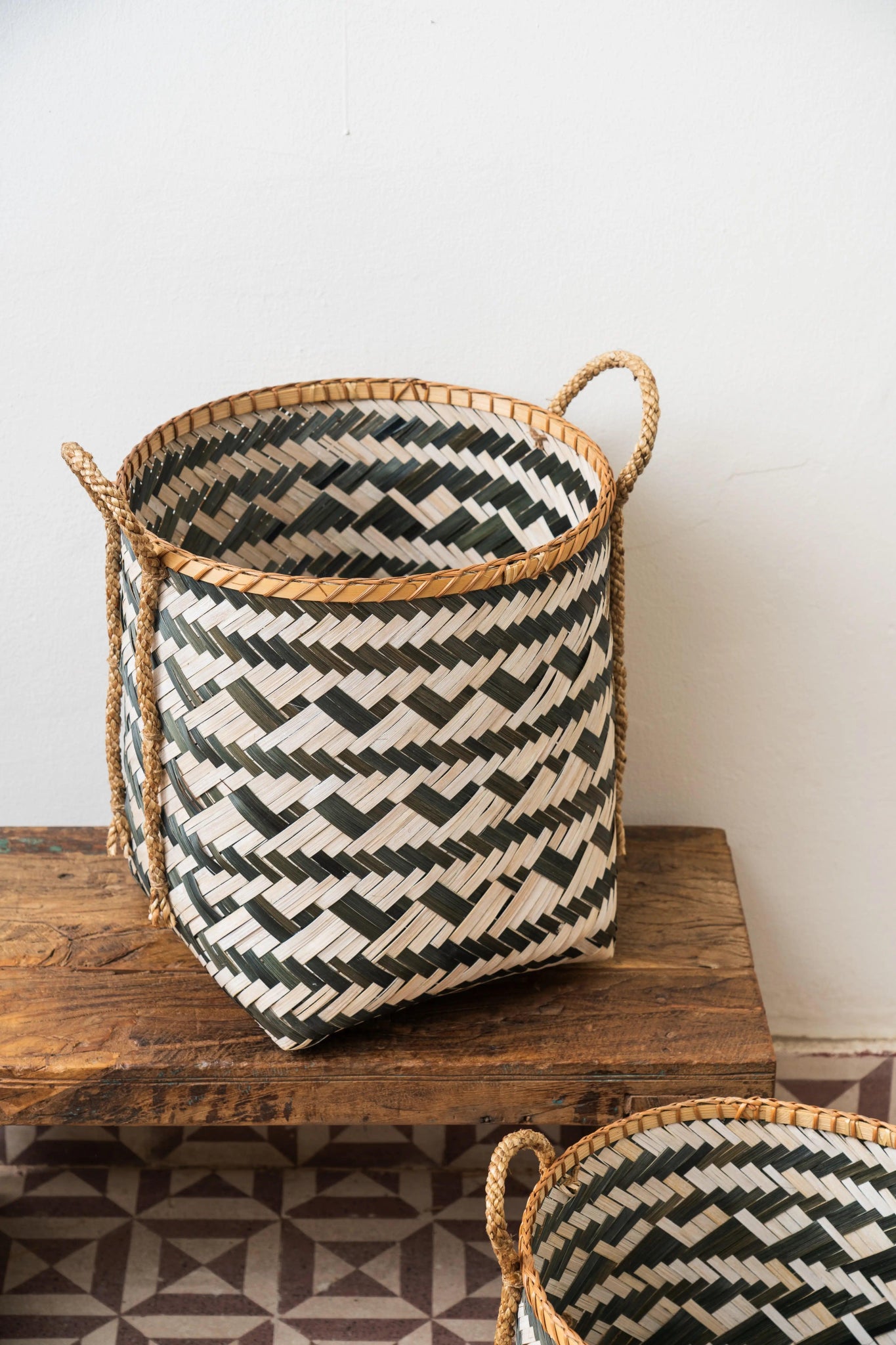 Close-up of bamboo weave and handle joint on handcrafted storage basket – Tesu Baskets & Storage