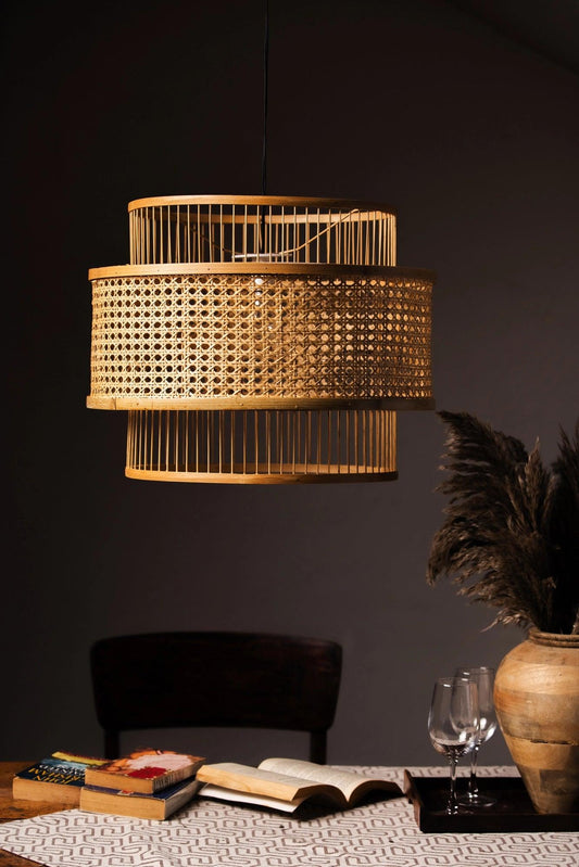 Natural bamboo pendant hanging lampshade handcrafted with elegant woven detailing, creating a warm ambient glow and a stylish eco-friendly décor statement.