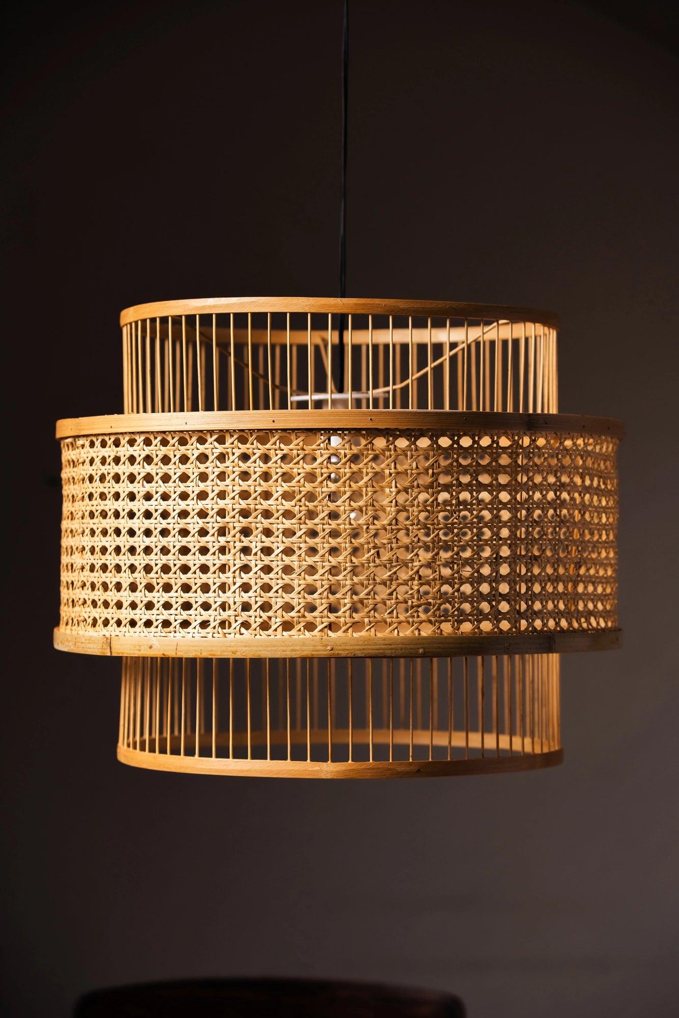 Close-up of bamboo weave texture on pendant hanging lampshade – Tesu Lamps & Lighting