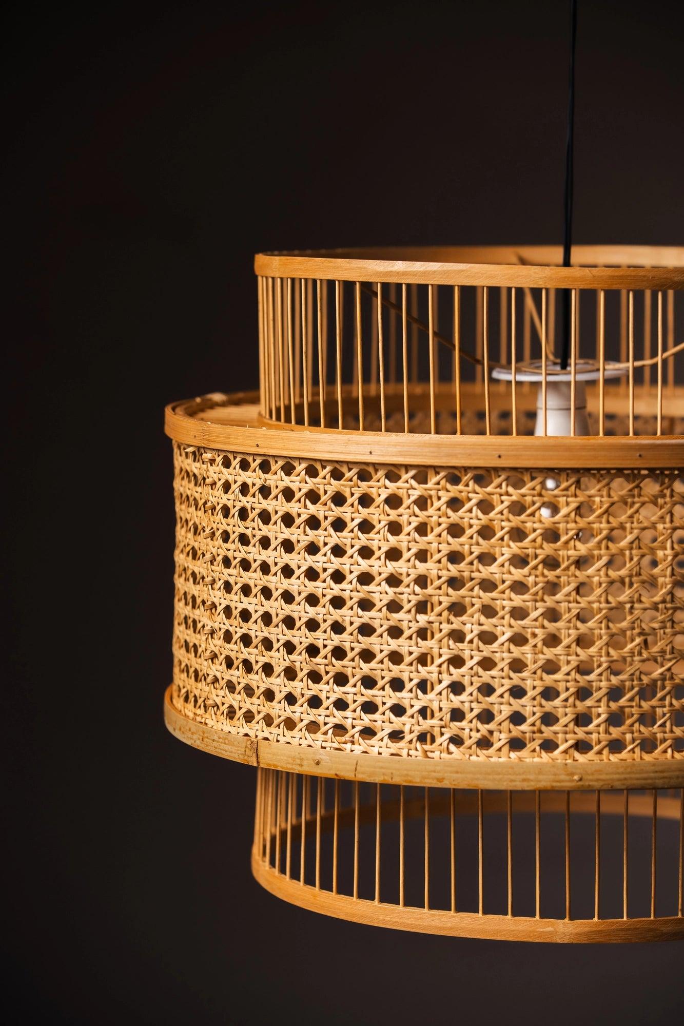 Bamboo hanging lampshade from below showing light diffusion pattern – Tesu Lamps & Lighting