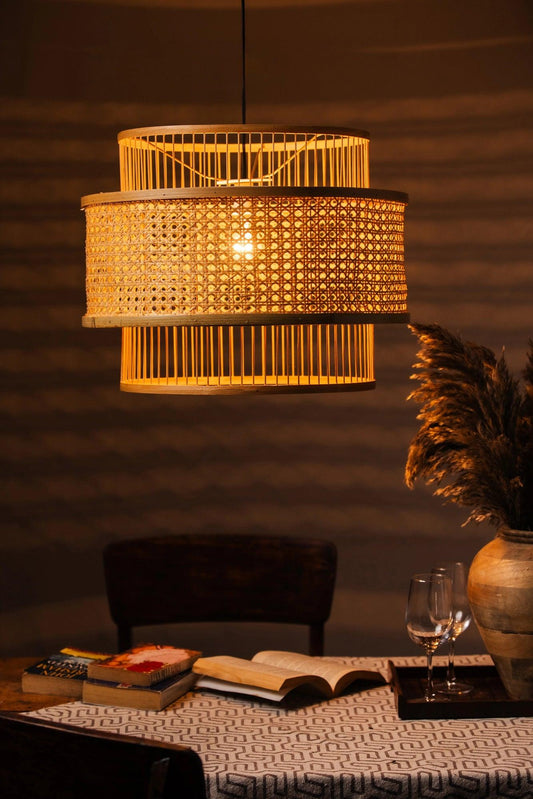 Natural bamboo pendant hanging lampshade handcrafted with elegant woven detailing, creating a warm ambient glow and a stylish eco-friendly décor statement.