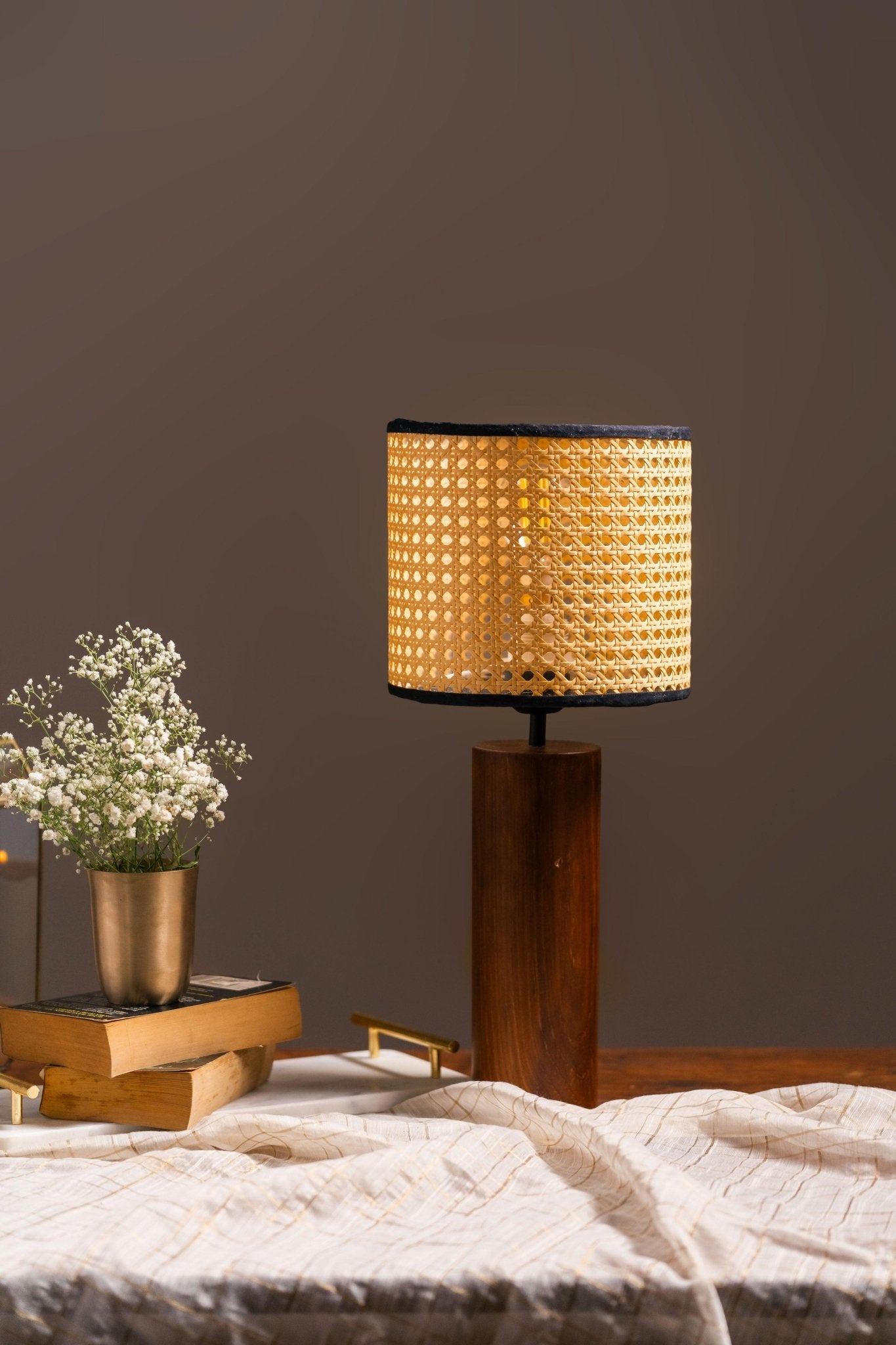 Bamboo Wooden Table Lamp featuring a handcrafted natural bamboo shade with a warm ambient glow.