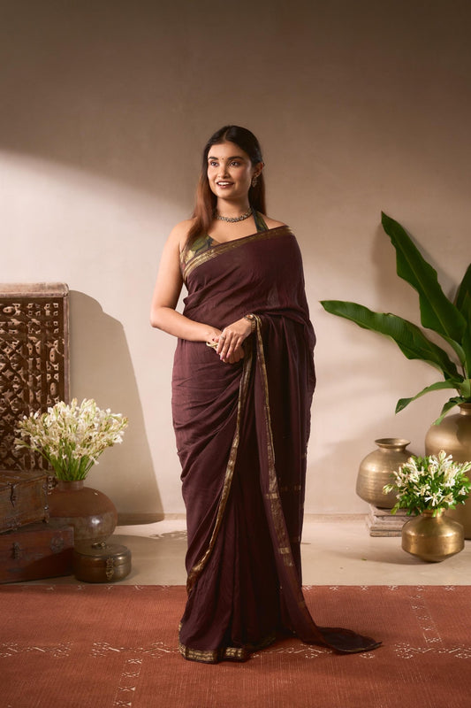 Woman in a traditional saree standing in a decorated room with plants and decorative items.
