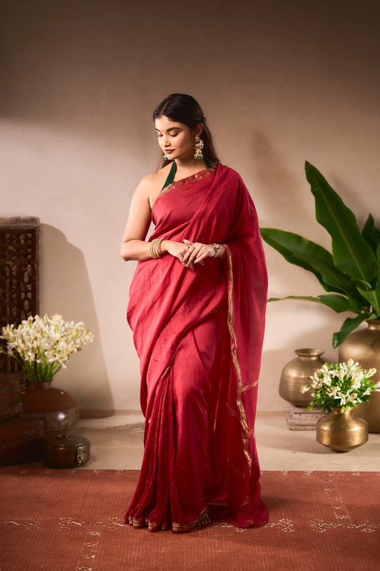 Bani Cotton and Viscose Saree - Red - TesuSaree