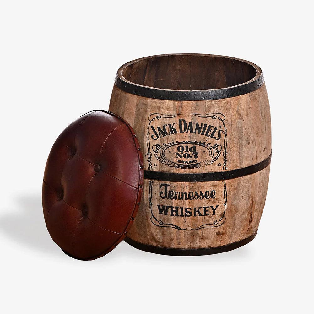 Wooden barrel-shaped container with Jack Daniel's branding on a white background