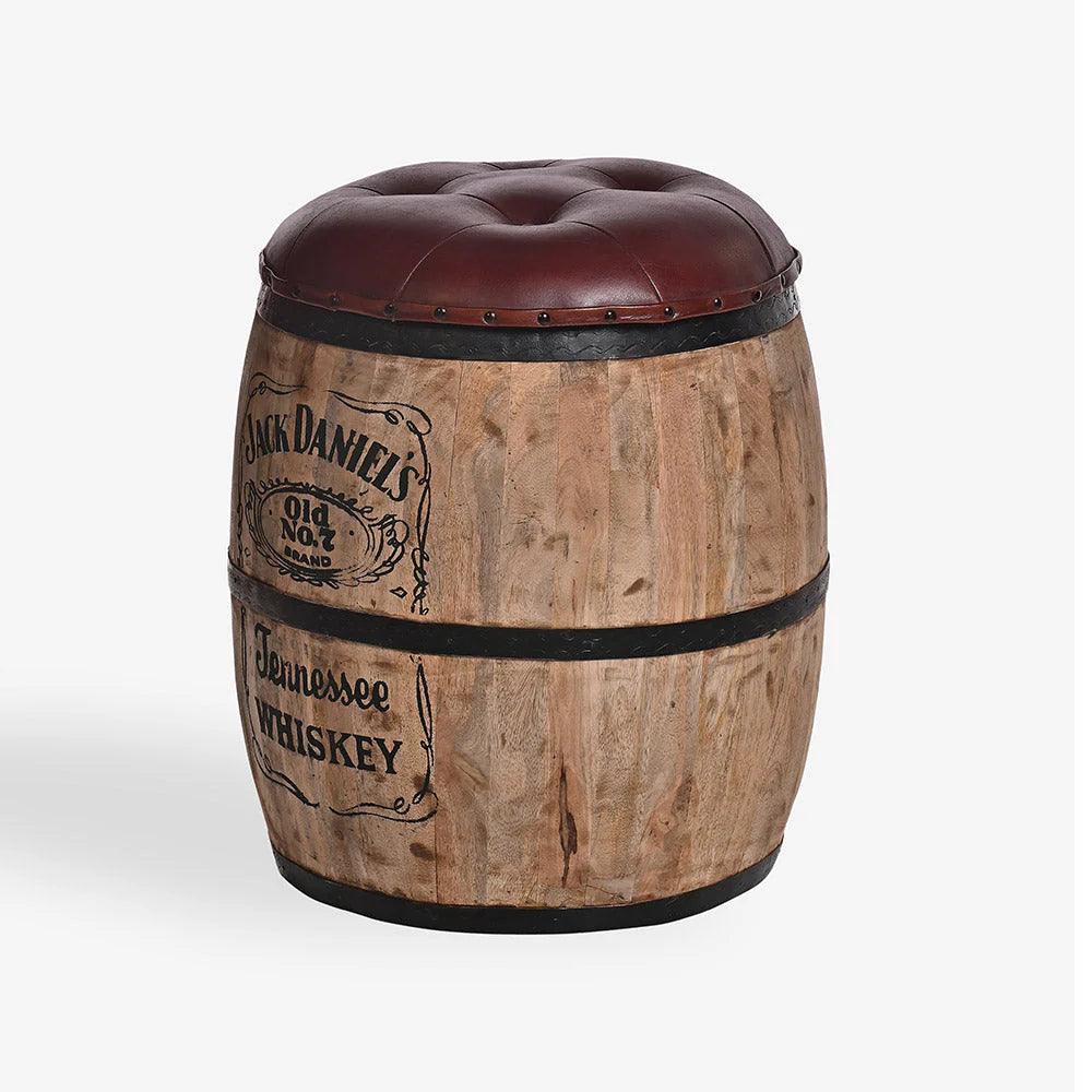 Wooden barrel stool with leather top featuring Jack Daniel's branding on a white background
