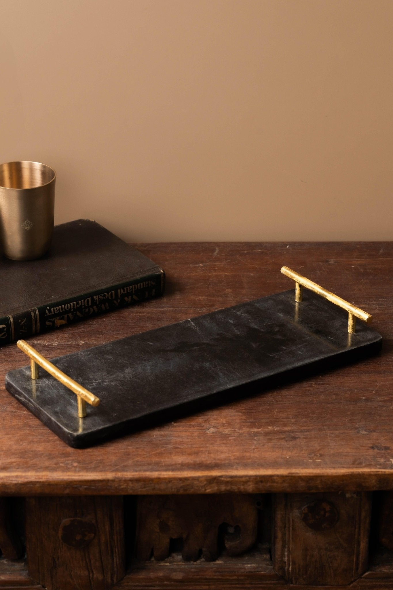 Black Marble Tray with Gold - Toned Handled - TesuServing Tray