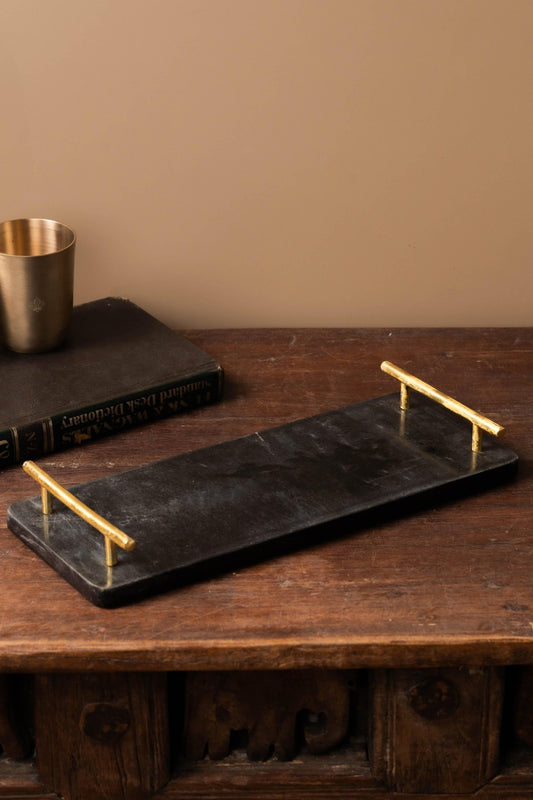 Black Marble Tray with Gold - Toned Handled - TesuServing Tray