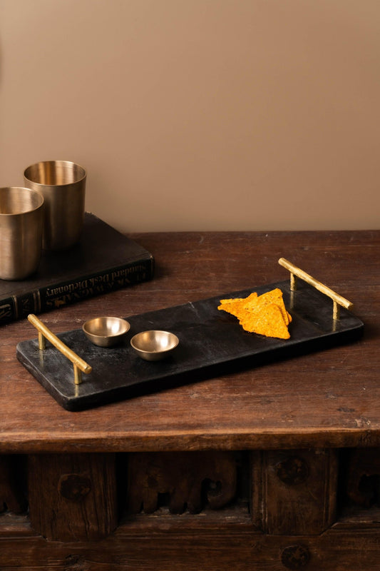 Black Marble Tray with Gold - Toned Handled - TesuServing Tray