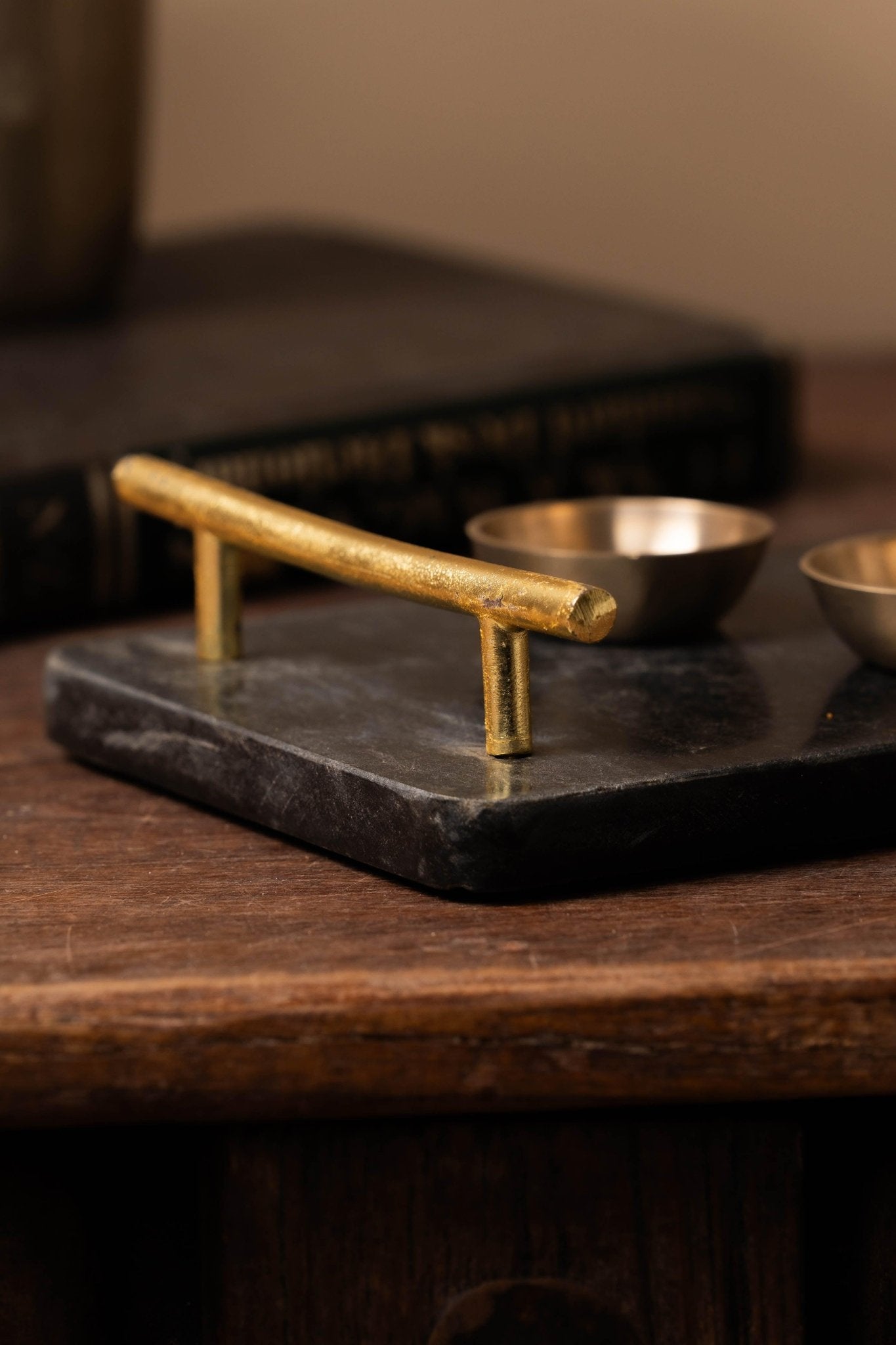 Black Marble Tray with Gold - Toned Handled - TesuServing Tray